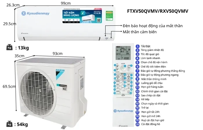 Thông số kỹ thuật điều hoà Daikin 18000BTU 2 chiều FTXV50QVMV